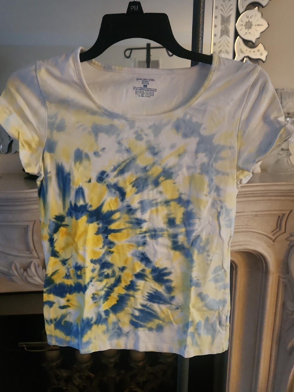 Tie-Dyed Cotton Tee!  Abstract Splatter Tie Dye. Sunny White, Yellow & Blue